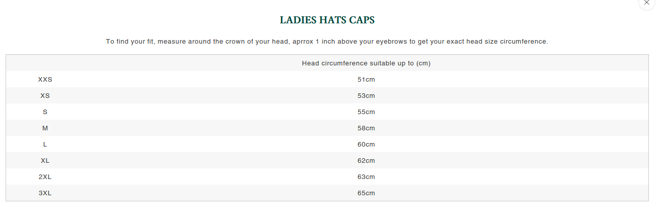 ALAN PAINE WOMENS HATS & CAPS 24  Size Chart